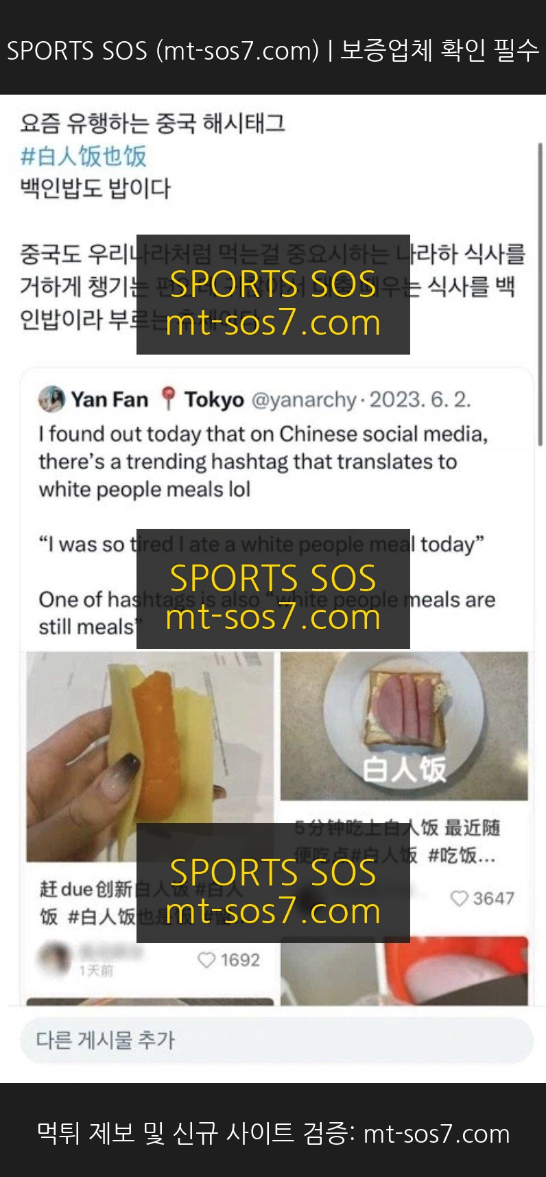 SPORTS SOS | 중국인들이 백인밥이라고 부른다는 식사 정보