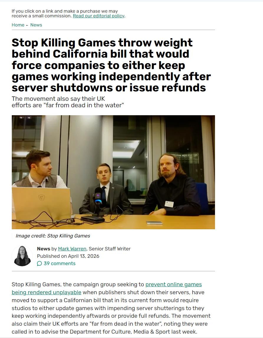 SPORTS SOS | 미국에서 온라인 게임 게임 종료시 오프라인 버전 출시를 의무화하는 법안이 제출됨 (필독)